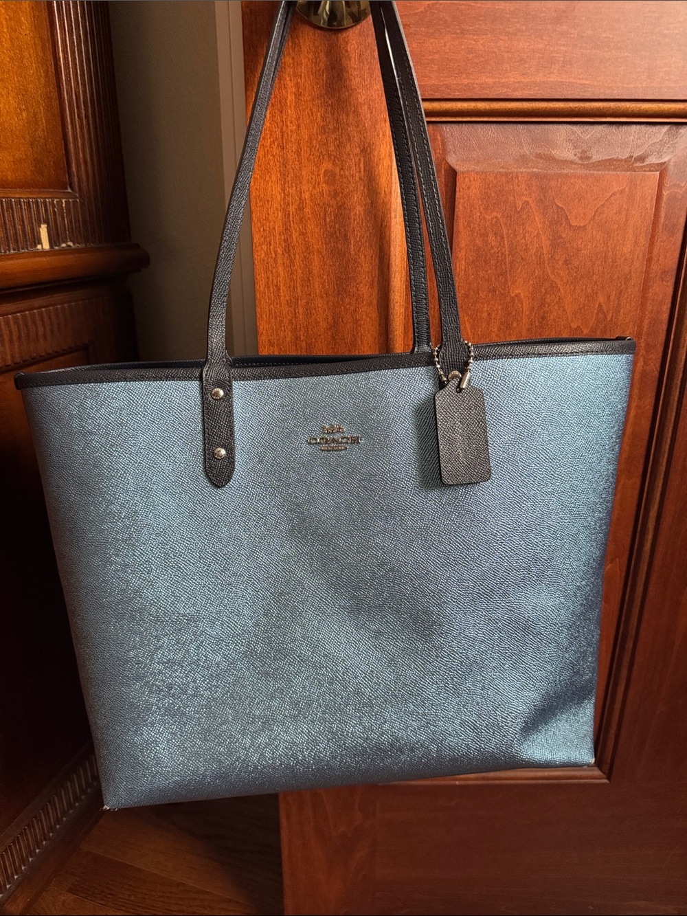 Coach Reversible City Tote in Metallic Blue &  Signature
